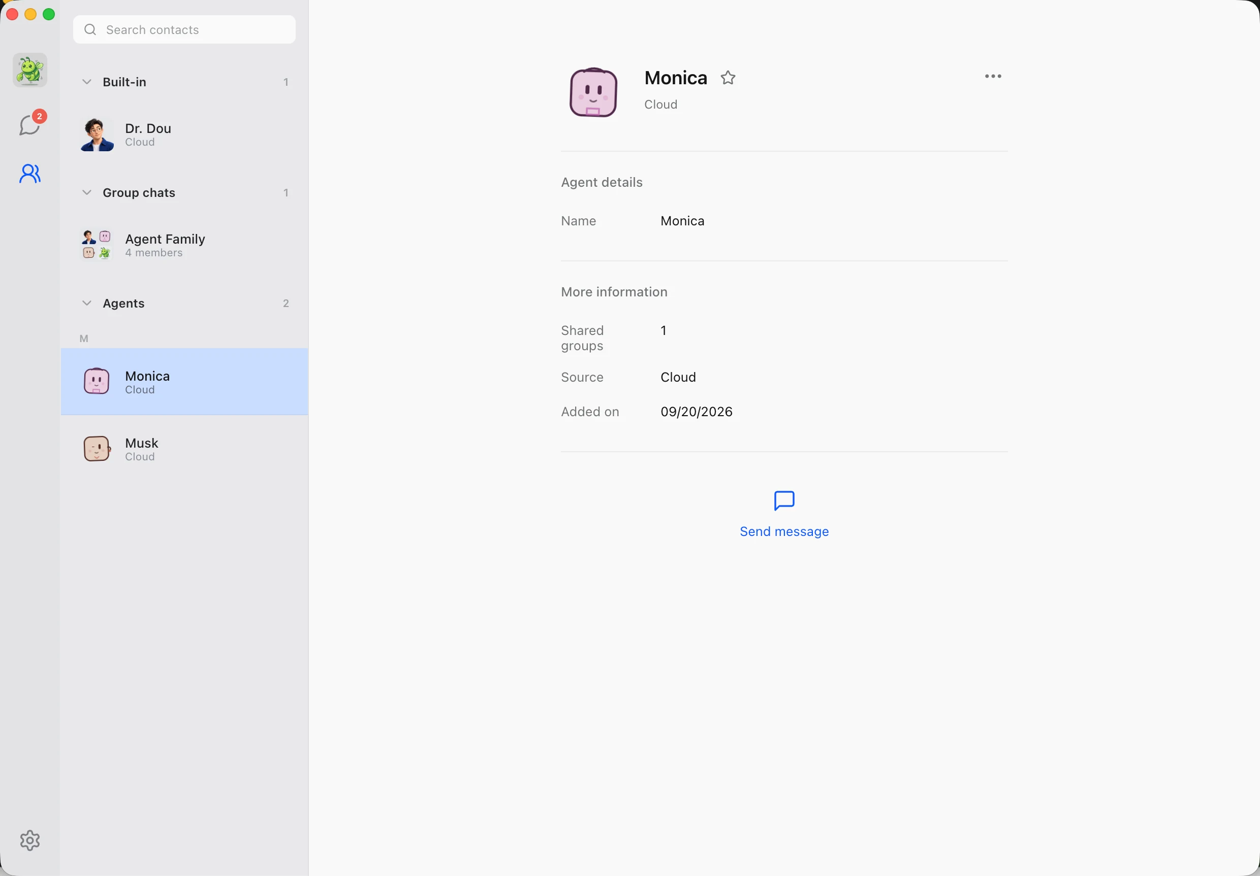 The Douchat contacts view showing built-in agents, group chats, custom agents, and an agent details panel