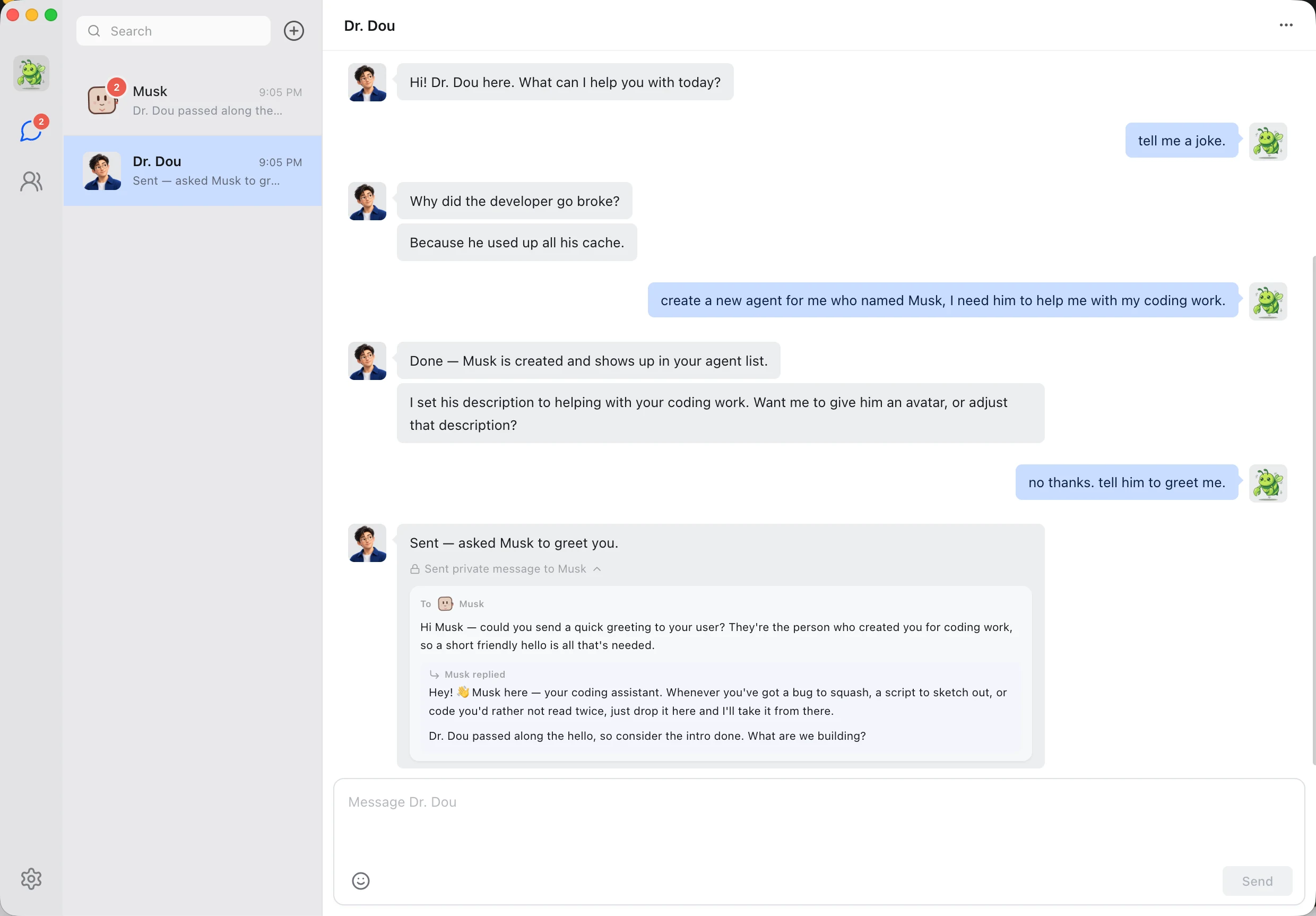 Douchat desktop workspace with multiple AI conversations and agents