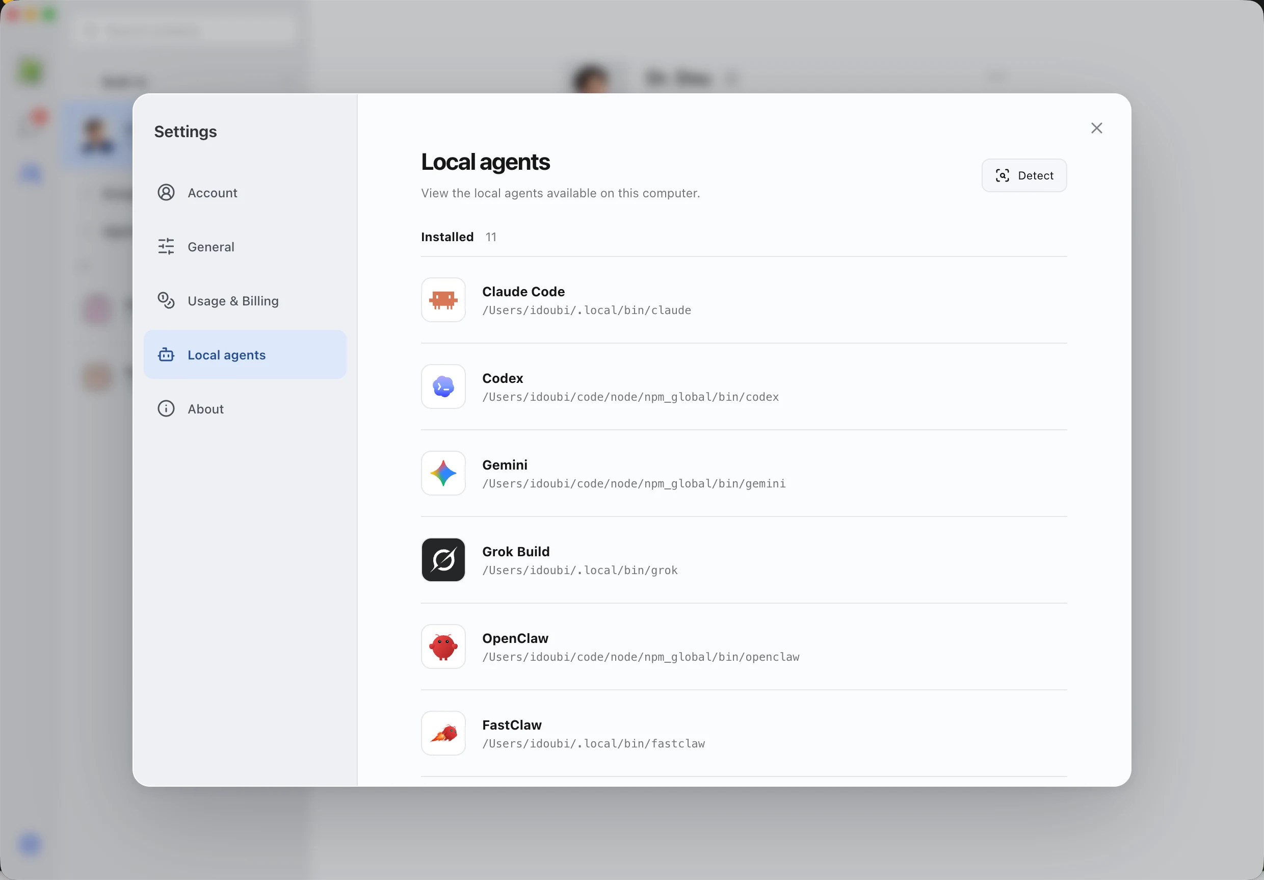 Douchat settings showing locally detected Claude Code, Codex, Gemini, Grok Build, OpenClaw, and FastClaw agents